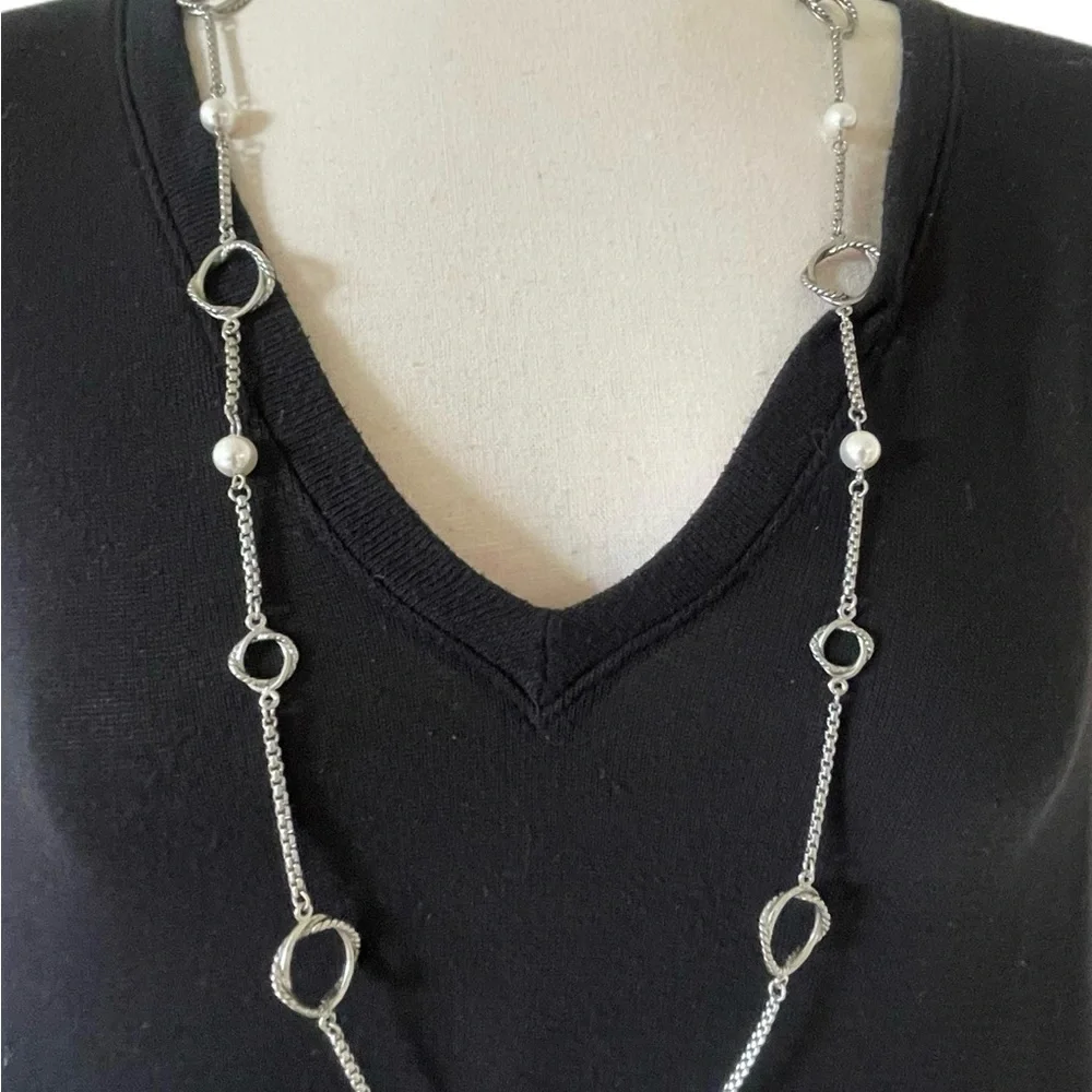 Long Silver Necklace Circle Oval & Pearl Chain Lobster Retro BoHo Soft Girl